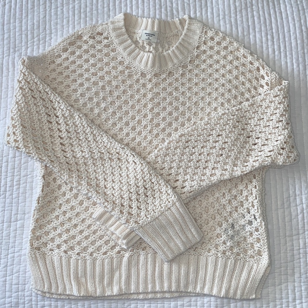 Abercrombie Long-Sleeve Crochet Mesh Knit Crew Top Sweater NWOT - Picture 4 of 11